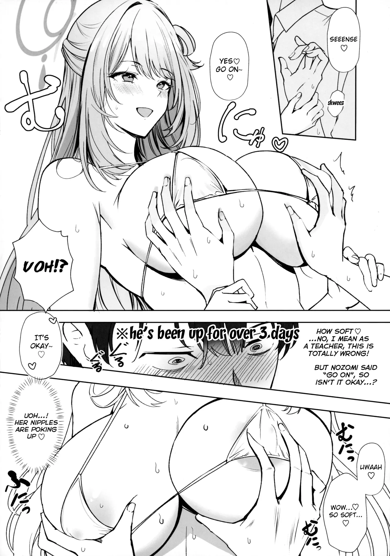 Koukando Saidai M Cup Dekapai Bisyoujo no Zenkoutei Ichaama Namahame Koubi de Sensei ga Kizetsu Suru Made Seishi Shibori Torareru Hon | Max Affection A Book in which Sensei Gets His Jizz Milked Until Passing Out From Fully Consensual Sweet Loving Bareback Mating with a Pretty Girl with Huge M Cup Tits page 9 featuring sensei blue archive parody - sole female sole male hentai manga - read online free