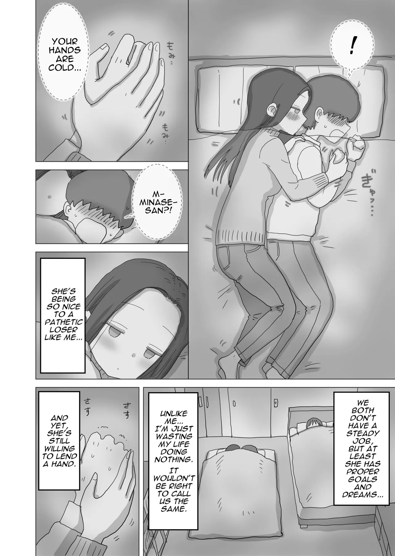 [Hiyashi Makura] Aru Ooyuki no Tsumetai Yoru Boku no Ie no Futon no Naka de Beit-saki no Onnanoko-tachi ga Naisho de Micchaku Atatame Ecchi Shite Kureta. | One Cold Snowy Night, My Colleague Secretly Had Intimate Warm-up Sex With Me Under The Bed Sheets. [English] [Darg777 Translations] - Page 15