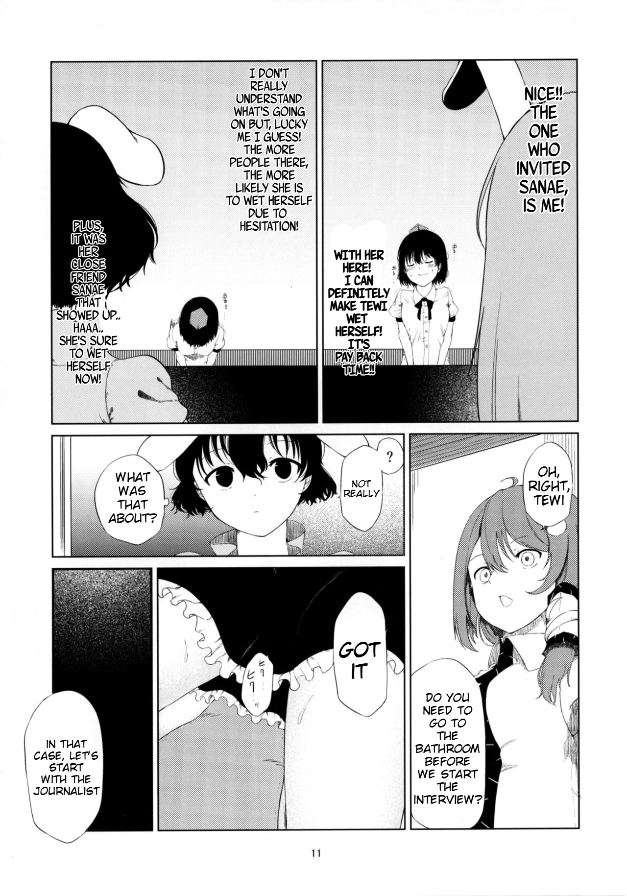 Aya to Tewi to Sanae to Udonge ga Omorashi Suru Hon!! page 10 featuring tewi inaba touhou project parody - females only no penetration hentai manga - read online free