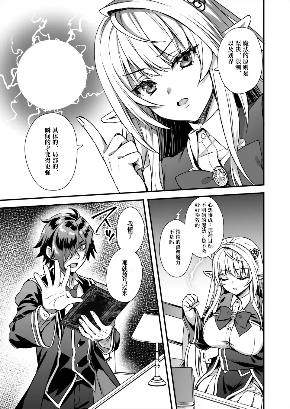 Mahougakuin no Ochikobore。Tensai Erufu Shoujyo ni Zenkakaihou no Mahou o kaketemita【Polaris个人汉化】 page 9 original parody - sole female sole male hentai manga - read online free