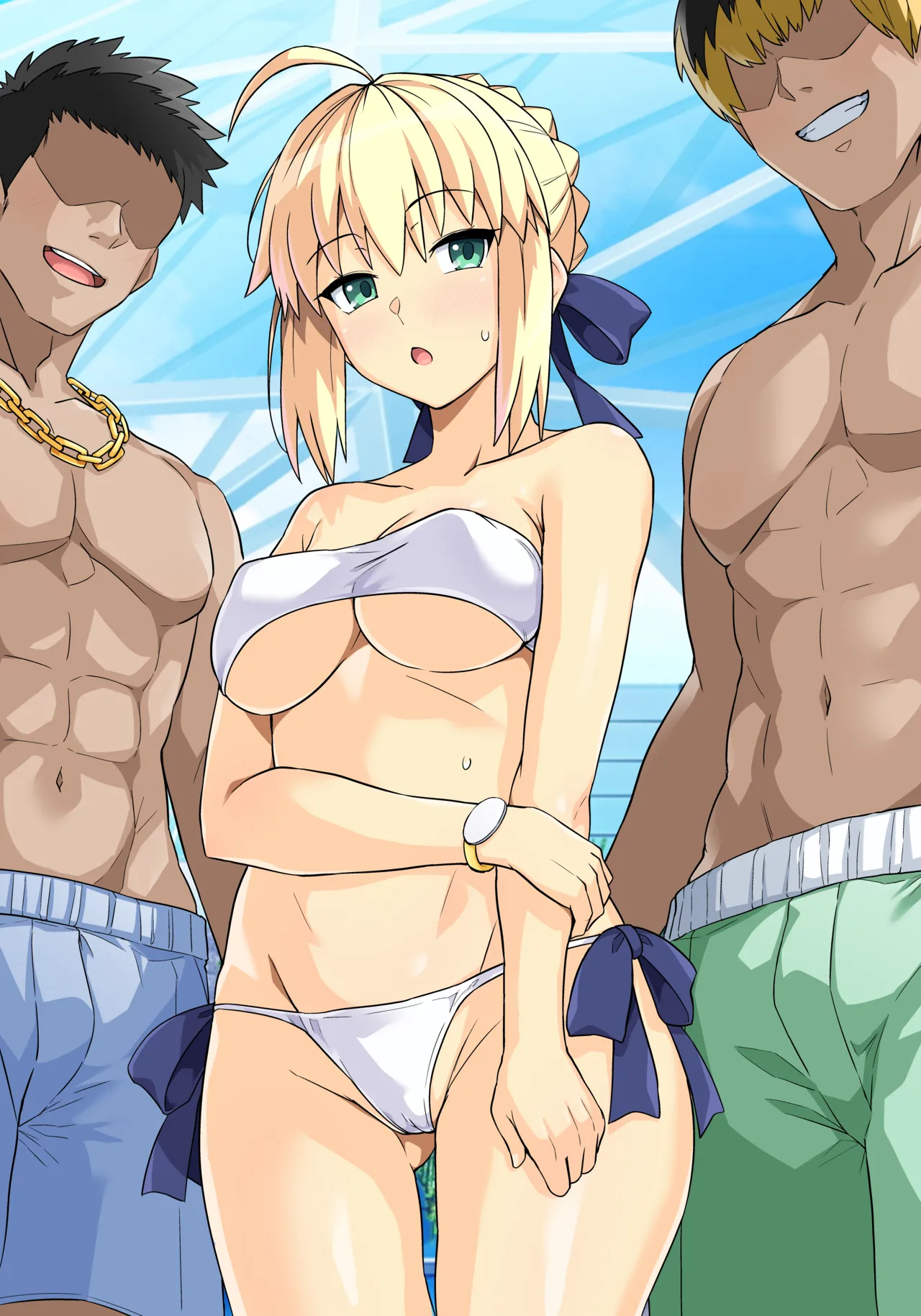 Saber-san Yarimoku Nanpamachi Pool Hen + Omake Mini CG Shuu page 55 featuring rin tosaka fate stay night parody - kissing swimsuit hentai manga - read online free